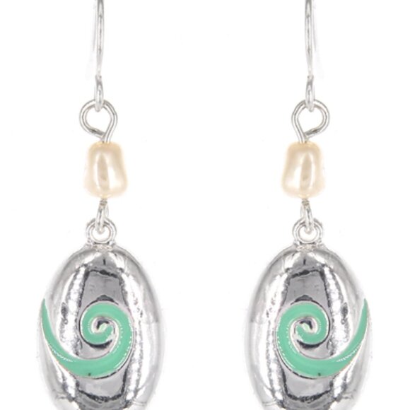 Oval Shape Swirl Turquoise Hand Painted Epoxy Dangle Drop Earrings Pearls - Picture 1 of 3